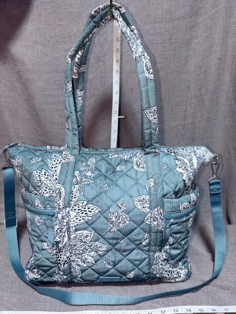 Vera Bradley Quilted Floral Tote Bag in Dusty Blue and White - Picture 3 of 8